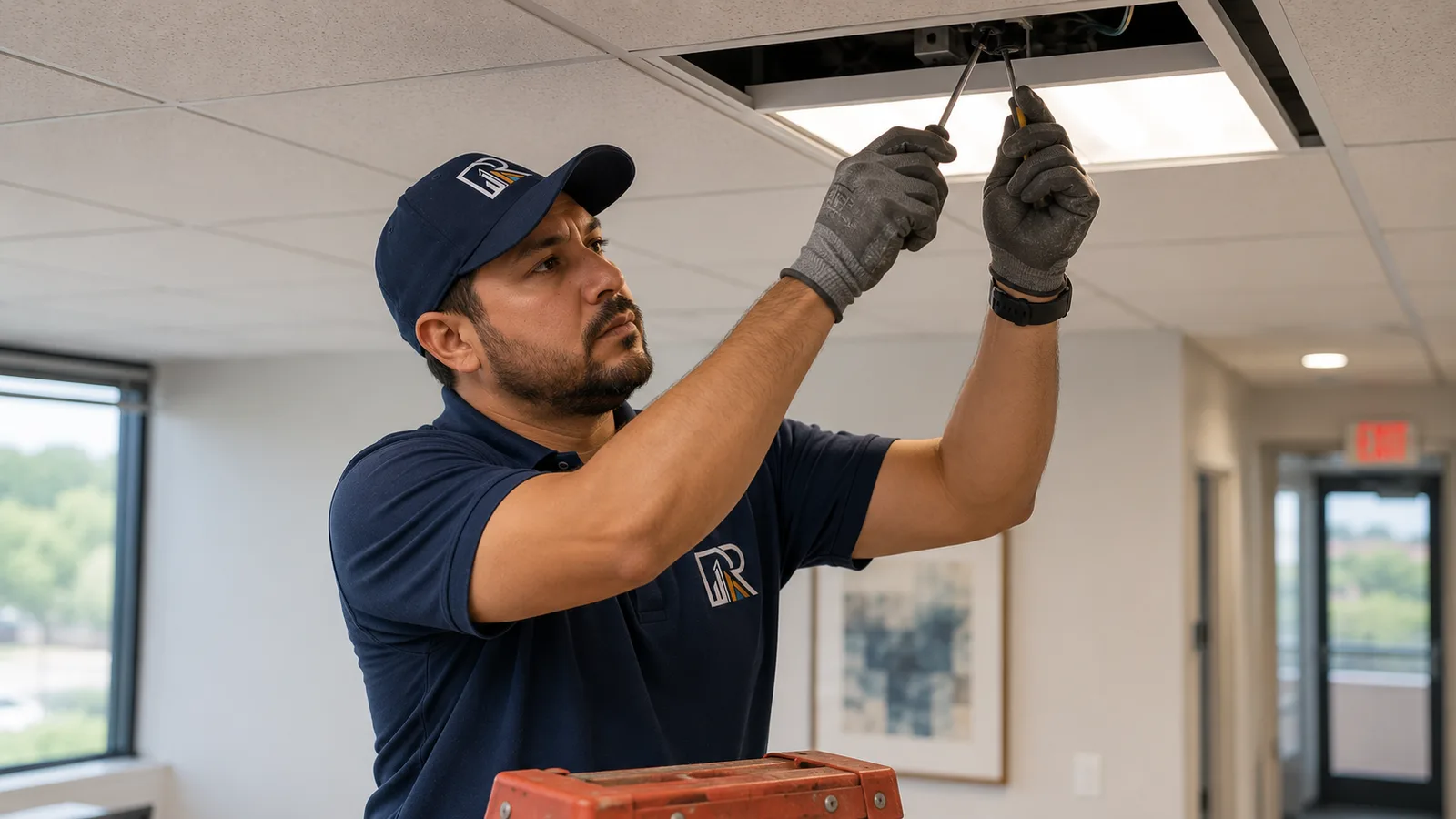 A technician servicing a ceiling light fixture in an office interior