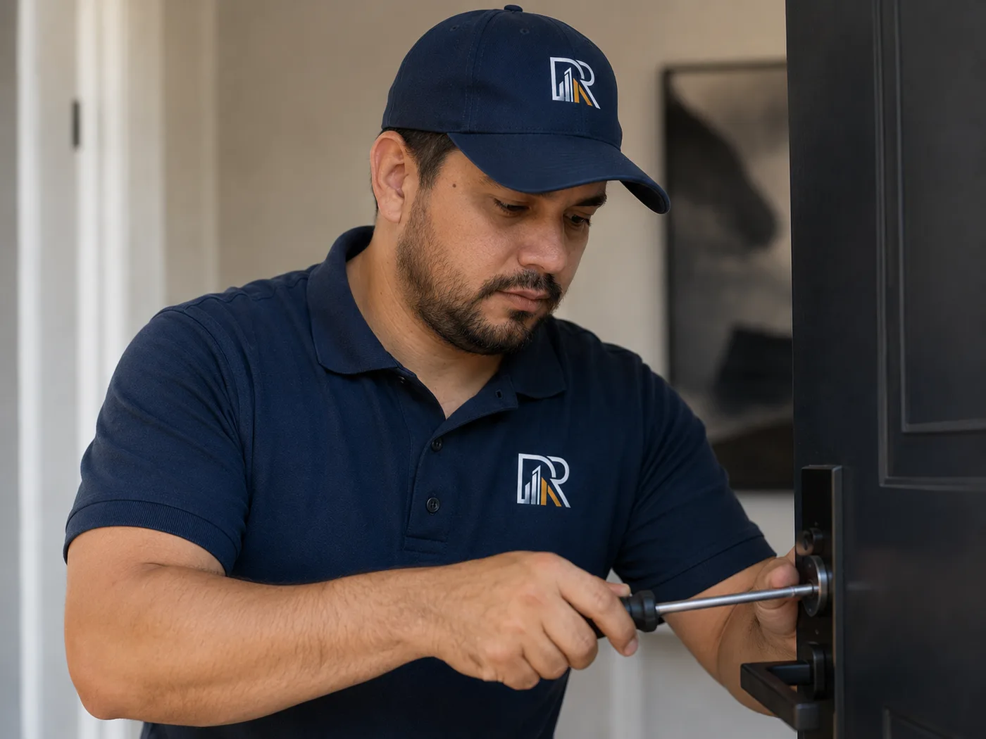Technician installing door hardware at a commercial property.